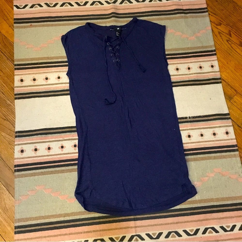 H&M MEDIUM Navy blue mini dress Tunic Tshirt material lace up front sleeveless
